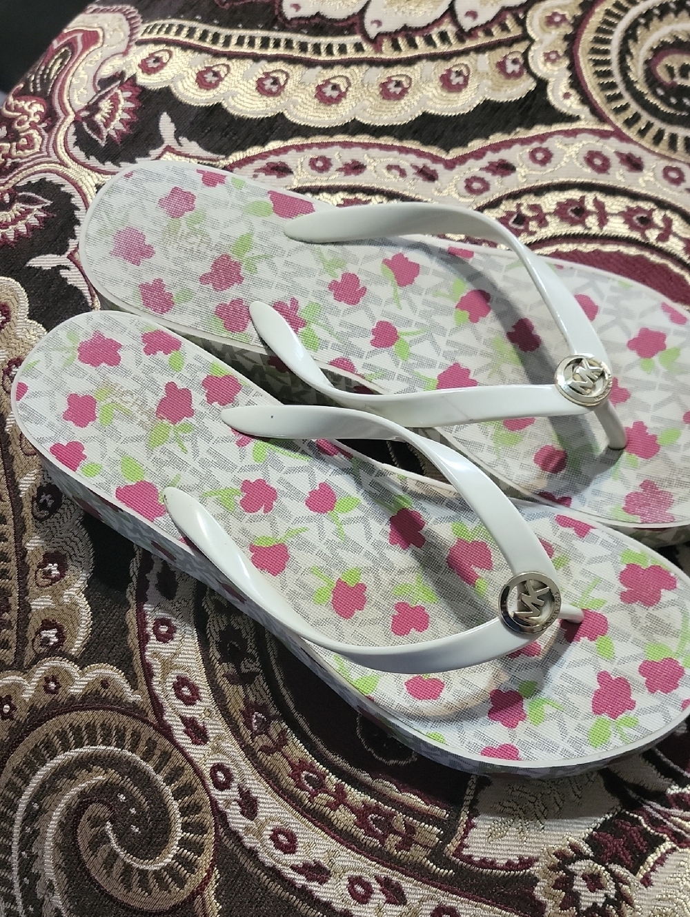 Michael Kors White Flip Flops with Pink Floral Print